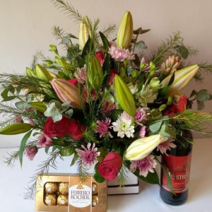 Red roses, wine chocolate